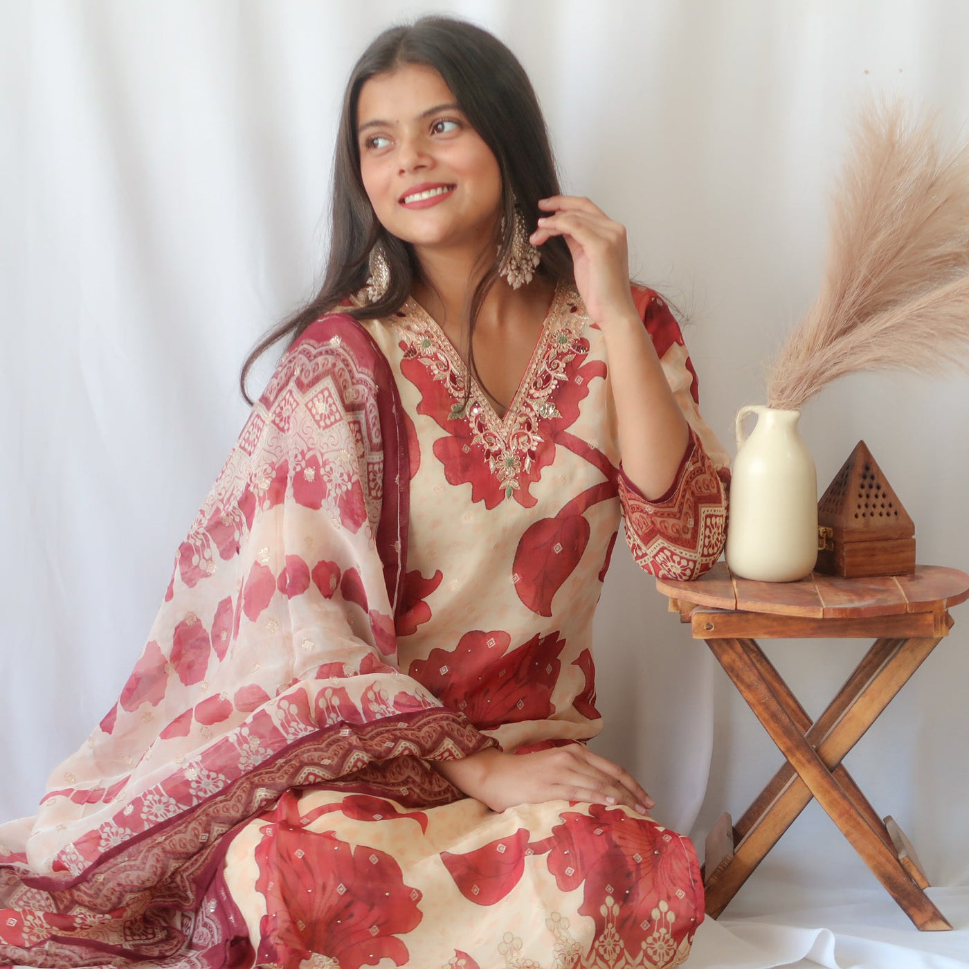 Crimson Bloom Tissue Shimmer Slim fit Suit Set - SALE