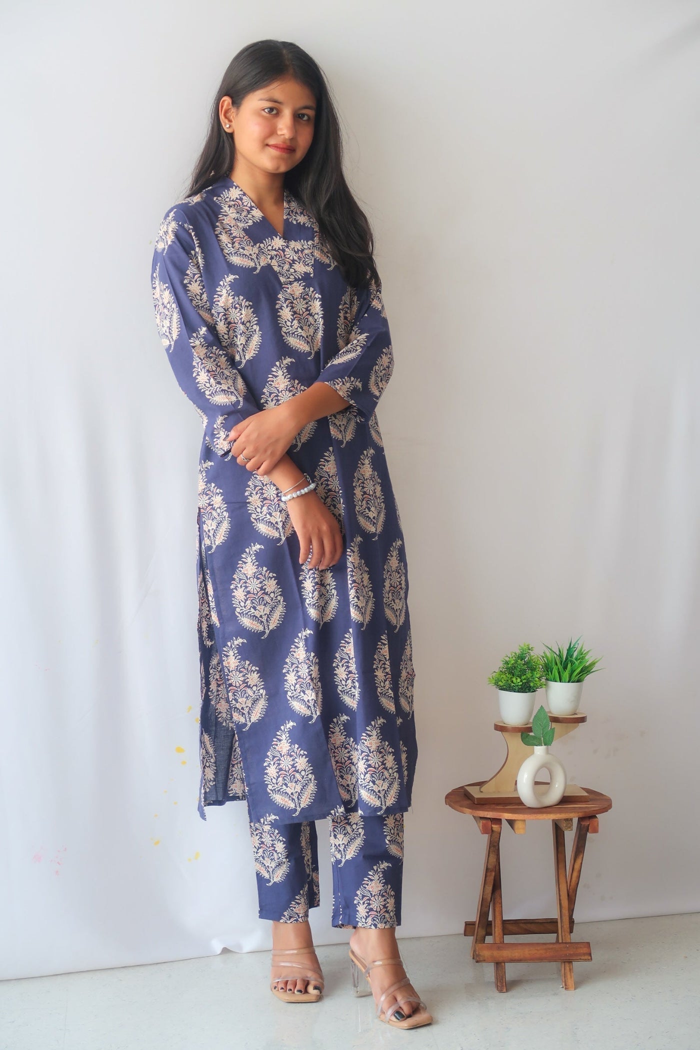 Navy Blossom V-Neck Suit Set