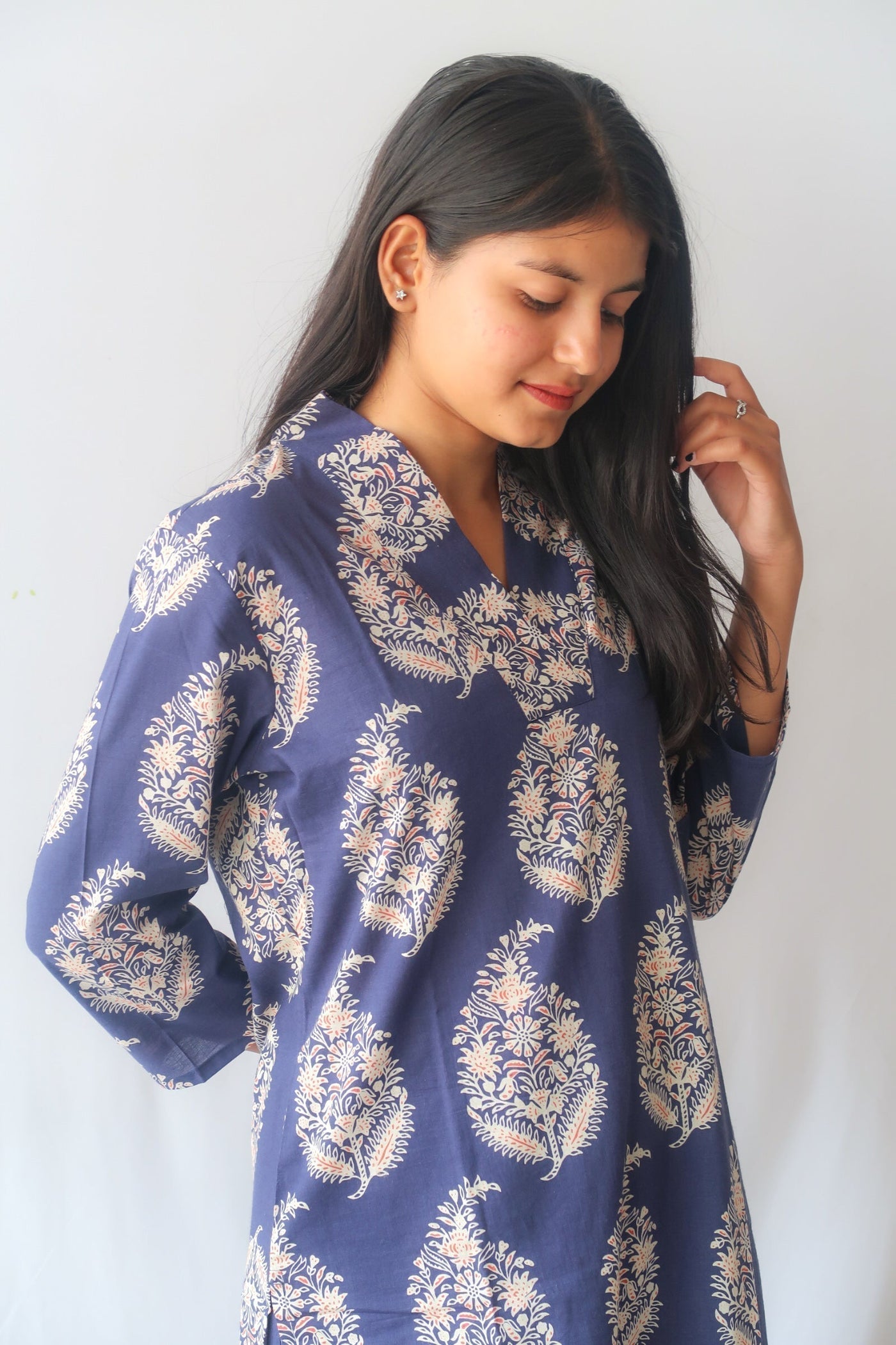 Navy Blossom V-Neck Suit Set