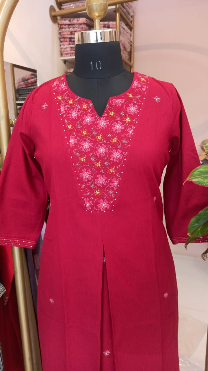 "Mahua" Hand Embroidered Cotton Kurta Set(2pc)