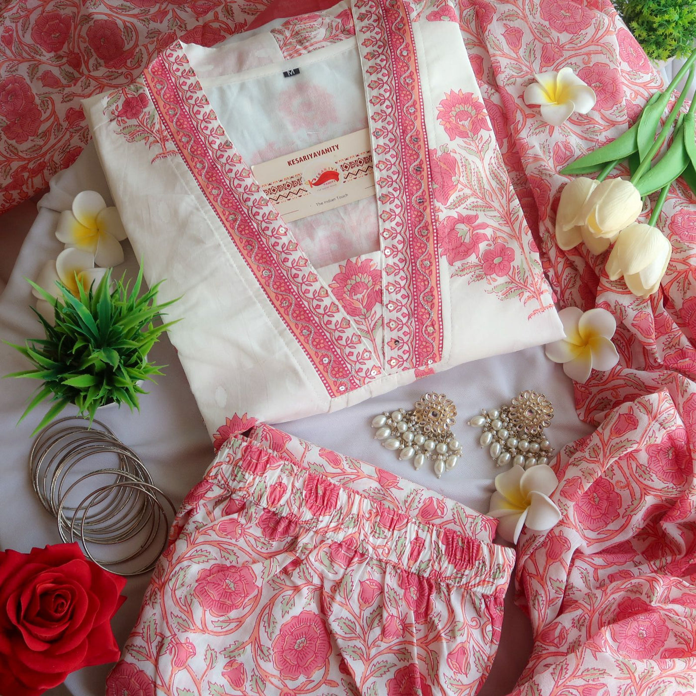 Pink Roses Three piece Cotton Suit Set - Blend of Fun