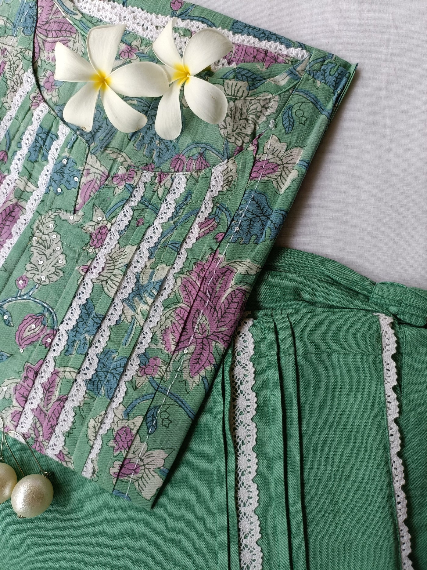 Sea Green Flaura Laced Kurta Set(2pc) - S