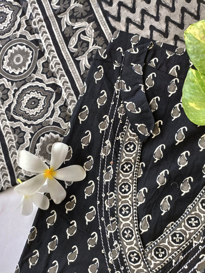 Black Bagru Hand Block Pritned Angrakha Kurta Set(3pc)