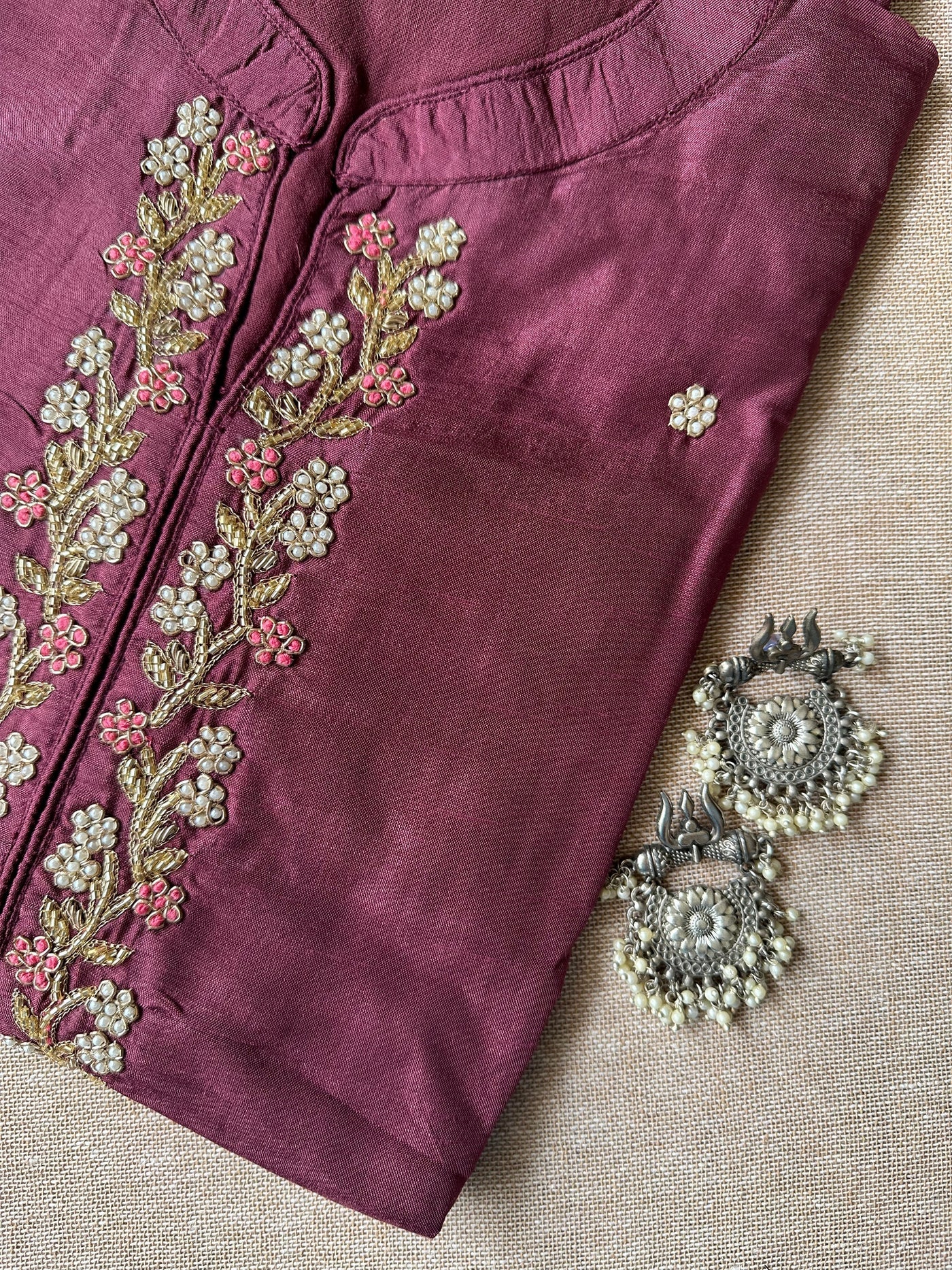 "Meena" Hand Embroidered Wine Silk Kurta