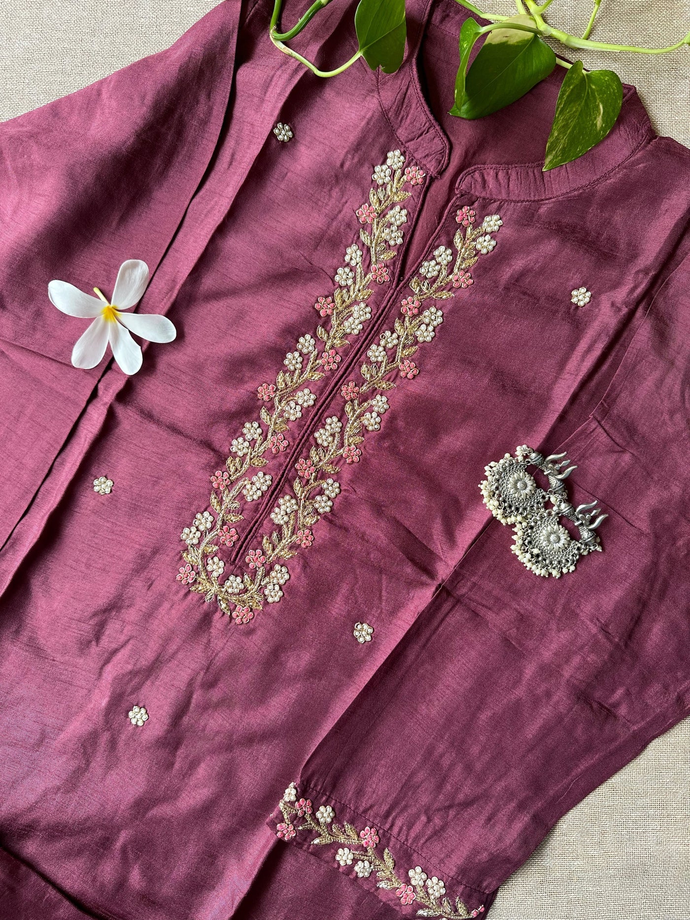 "Meena" Hand Embroidered Wine Silk Kurta