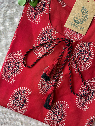 "Paakhi" Deep Red Paisley Hand Block Printed Cotton kurta