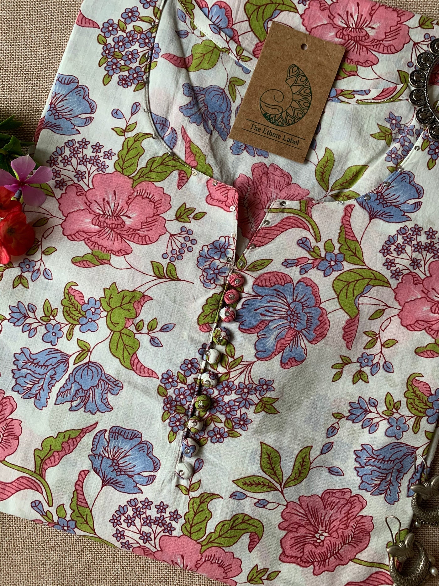 "Bageecha" Hand Block Printed Buttoned Cotton Kurta - M