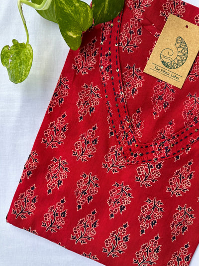 Roohani Bagru V neck Kantha Hand Block Printed Cotton kurta - S