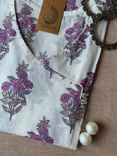 "Verbena" White Purple Angrakha Cotton Kurta
