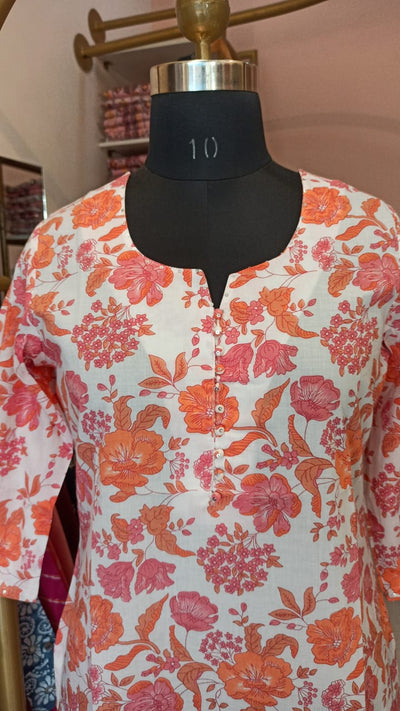 "Paradise" White Orange Cotton Kurta